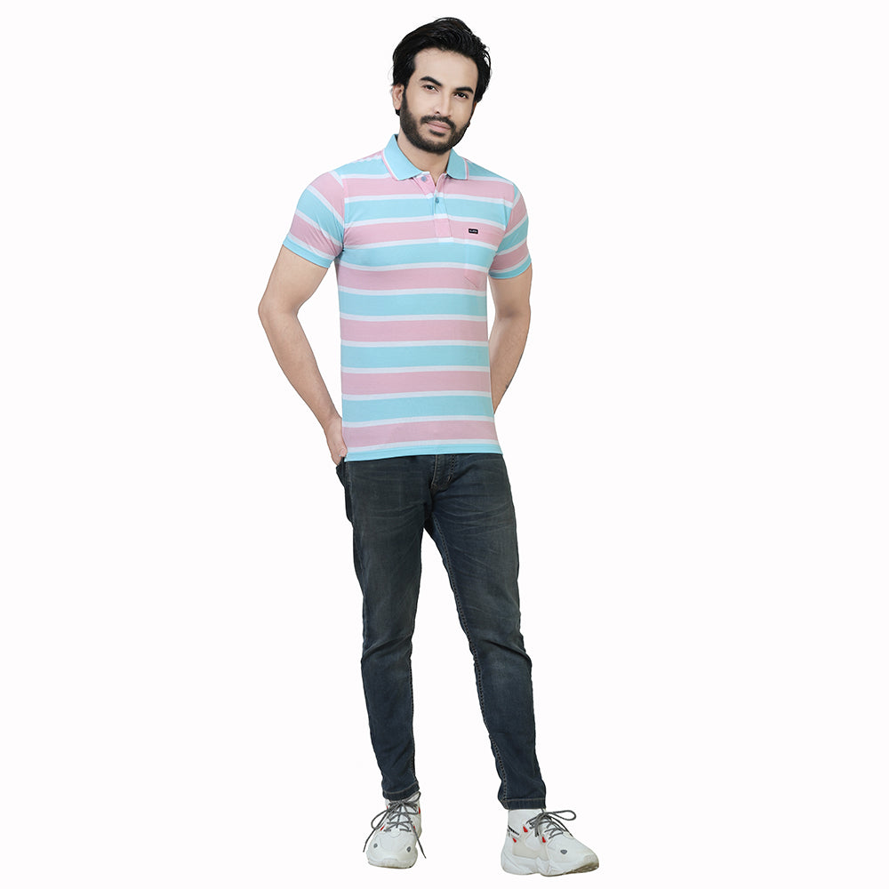 Men's Stripe Polo Half T-Shirt Pink and Blue