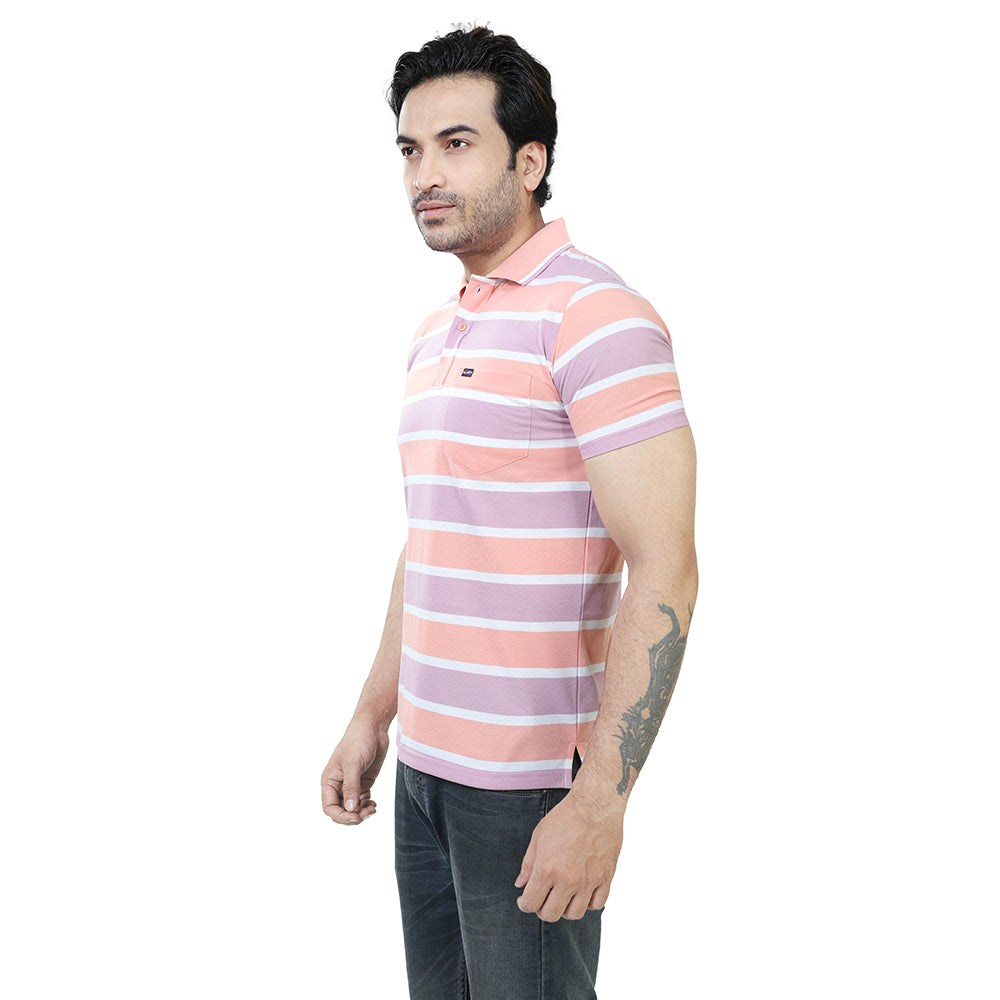 Men's Stripe Polo Half Sleeve T-Shirt Peach and Lavender