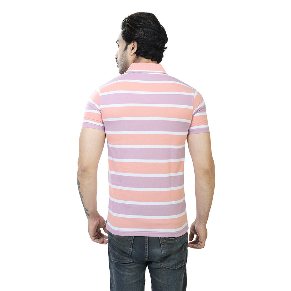 Men's Stripe Polo Half Sleeve T-Shirt Peach and Lavender