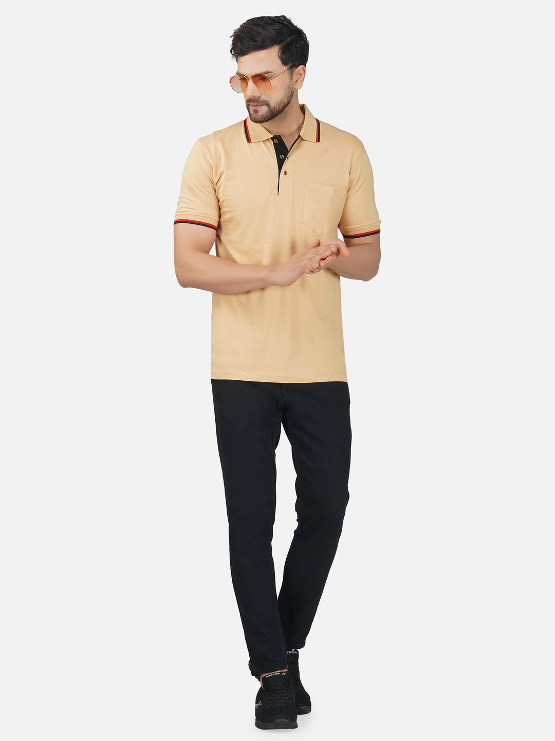 Men's Polo Half Sleeve Design T-Shirt Beige and Black
