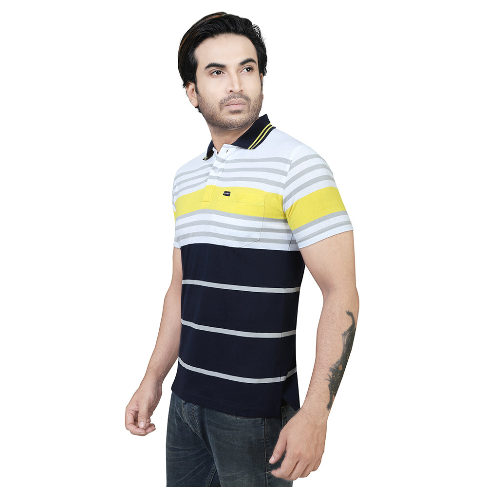 Men's Stripe Polo Half Sleeve T-Shirt Yellow and Grey