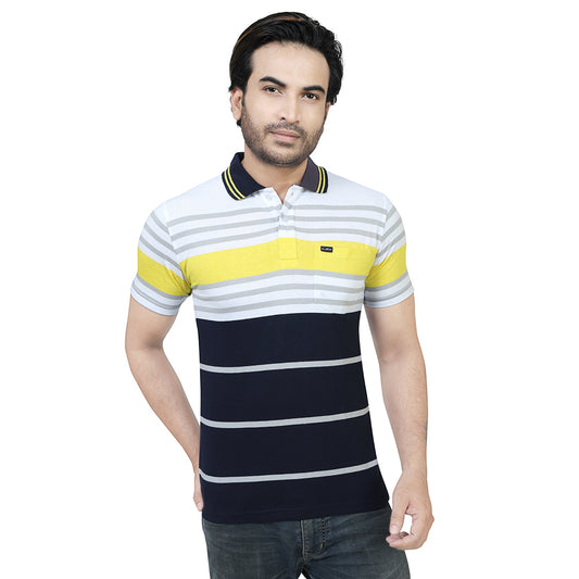 Men's Stripe Polo Half Sleeve T-Shirt Yellow and Grey