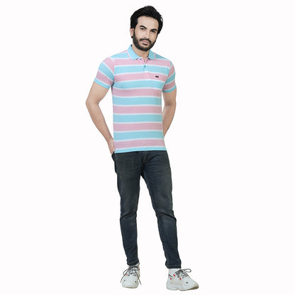 Men's Stripe Polo Half T-Shirt Pink and Blue