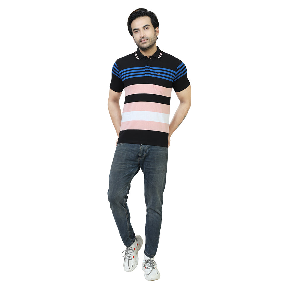 Men's Stripe Polo Half T-Shirt Blue and Peach