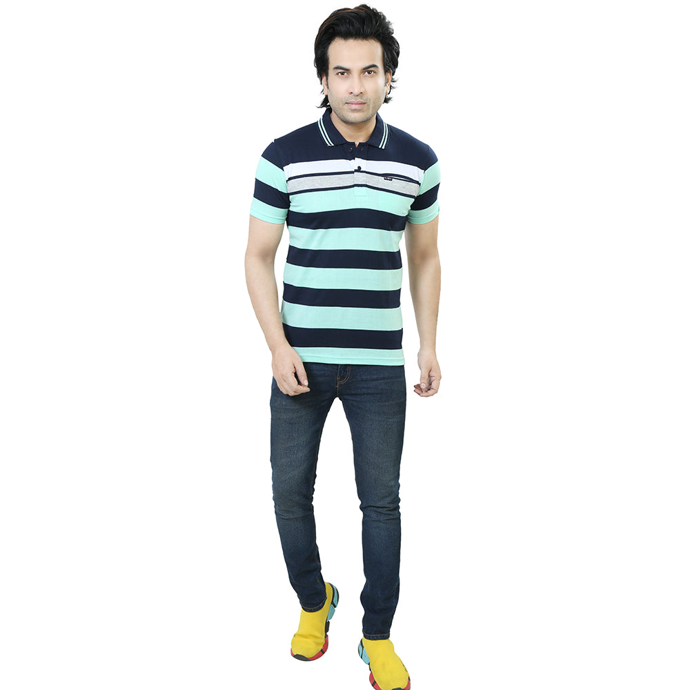 Men's Stripe Polo Half Sleeve T-Shirt Green and White