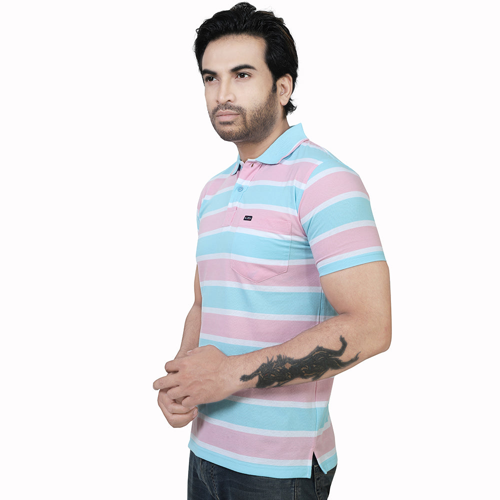 Men's Stripe Polo Half T-Shirt Pink and Blue