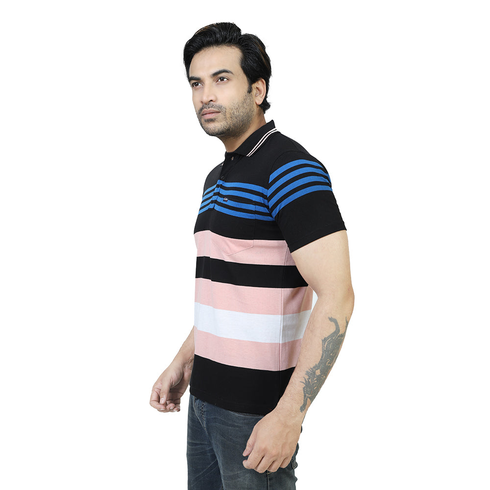 Men's Stripe Polo Half T-Shirt Blue and Peach