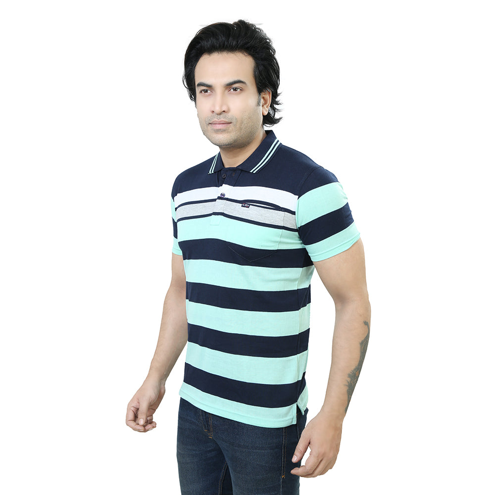 Men's Stripe Polo Half Sleeve T-Shirt Green and White