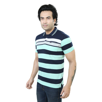 Men's Stripe Polo Half Sleeve T-Shirt Green and White
