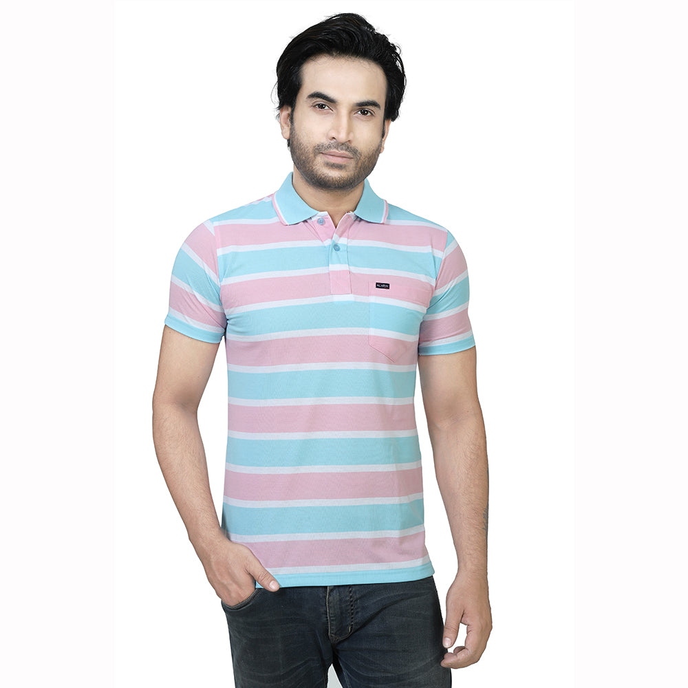 Men's Stripe Polo Half T-Shirt Pink and Blue