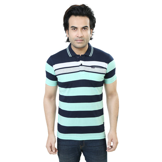 Men's Stripe Polo Half Sleeve T-Shirt Green and White