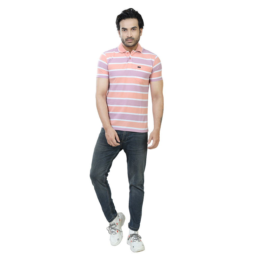 Men's Stripe Polo Half Sleeve T-Shirt Peach and Lavender