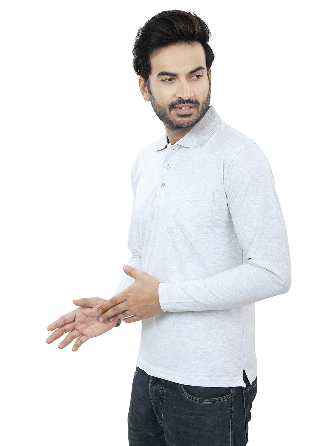 Men's Polo Full Sleeve T-Shirt White Melange