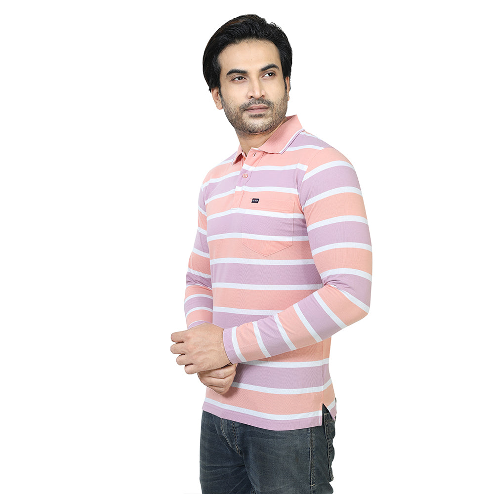 Men's Stripe Polo Full Sleeve T-Shirt Peach and Lavender