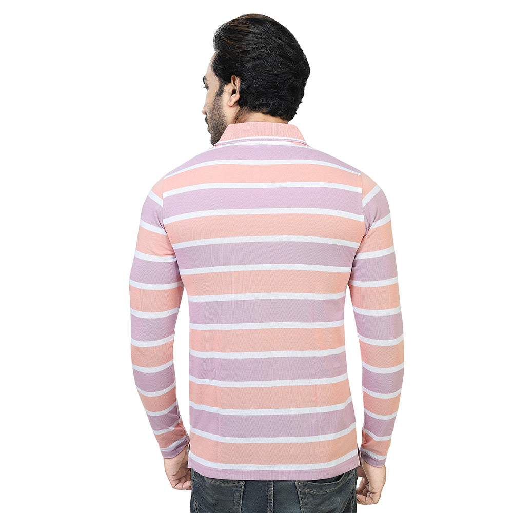 Men's Stripe Polo Full Sleeve T-Shirt Peach and Lavender