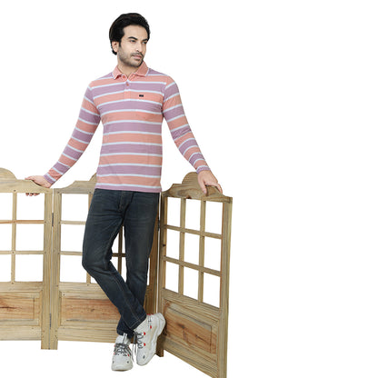 Men's Stripe Polo Full Sleeve T-Shirt Peach and Lavender