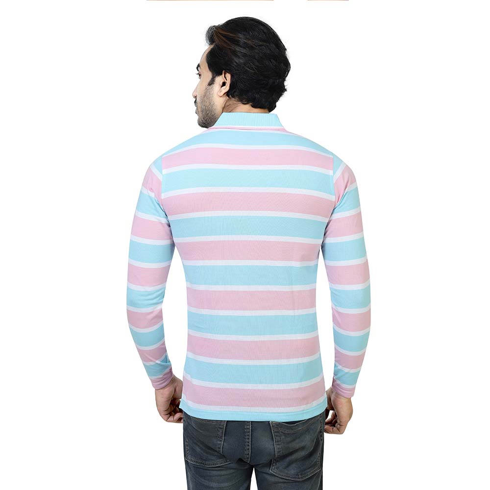 Men's Stripe Polo Full Sleeve T-Shirt Sky Blue and Pink