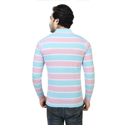 Men's Stripe Polo Full Sleeve T-Shirt Sky Blue and Pink