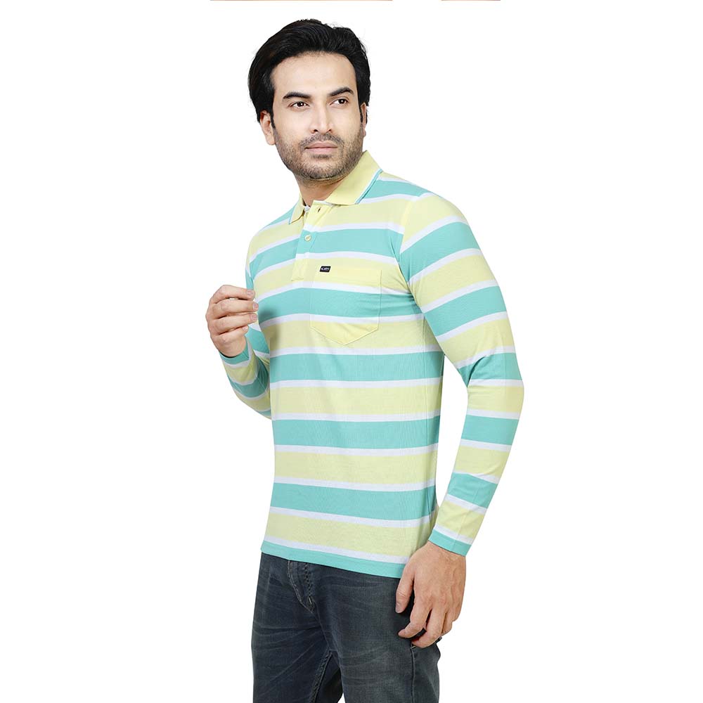 Men's Stripe Polo Full Sleeve T-Shirt Green and Yellow