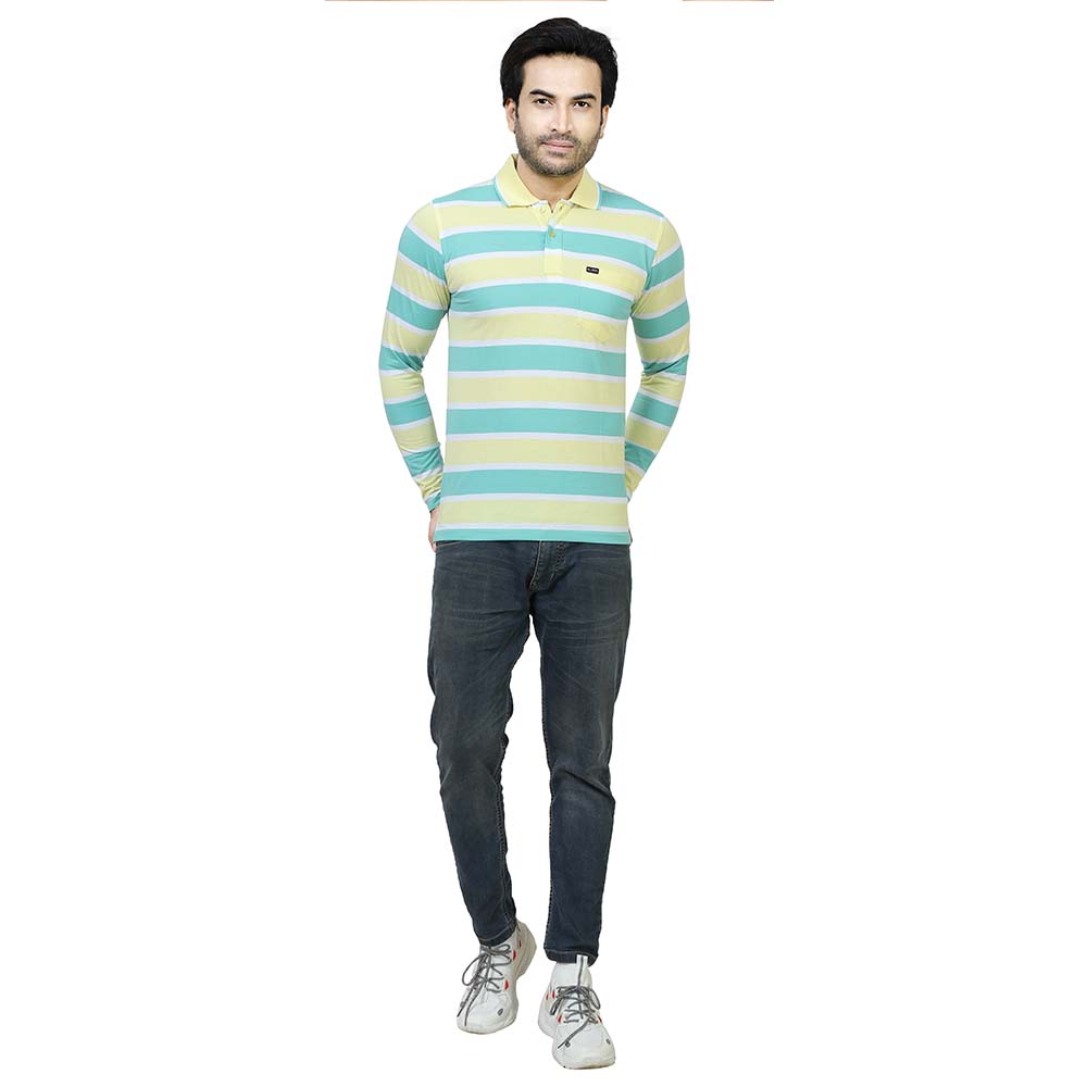 Men's Stripe Polo Full Sleeve T-Shirt Green and Yellow