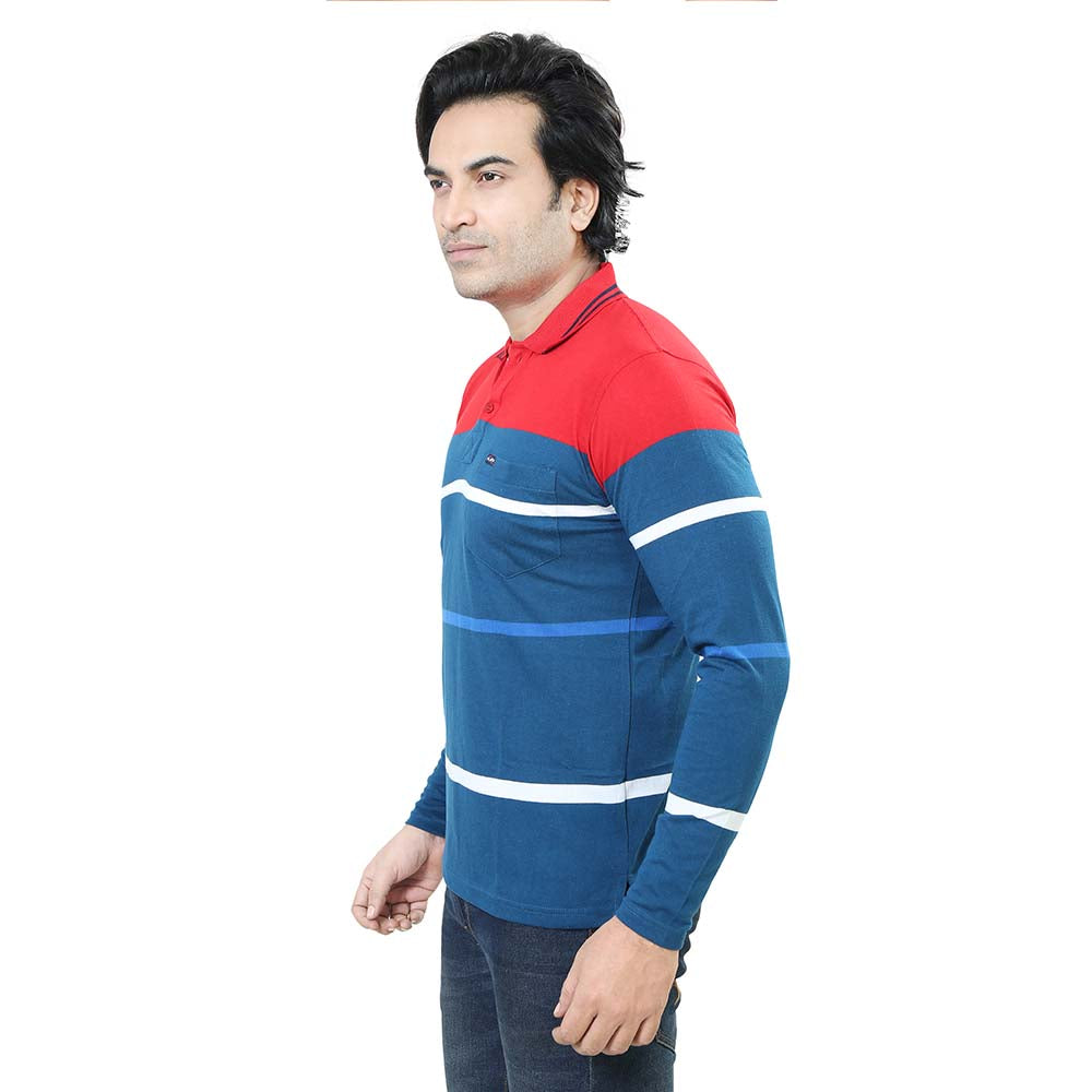 Men's Stripe Polo Full Sleeve T-Shirt Red and Blue