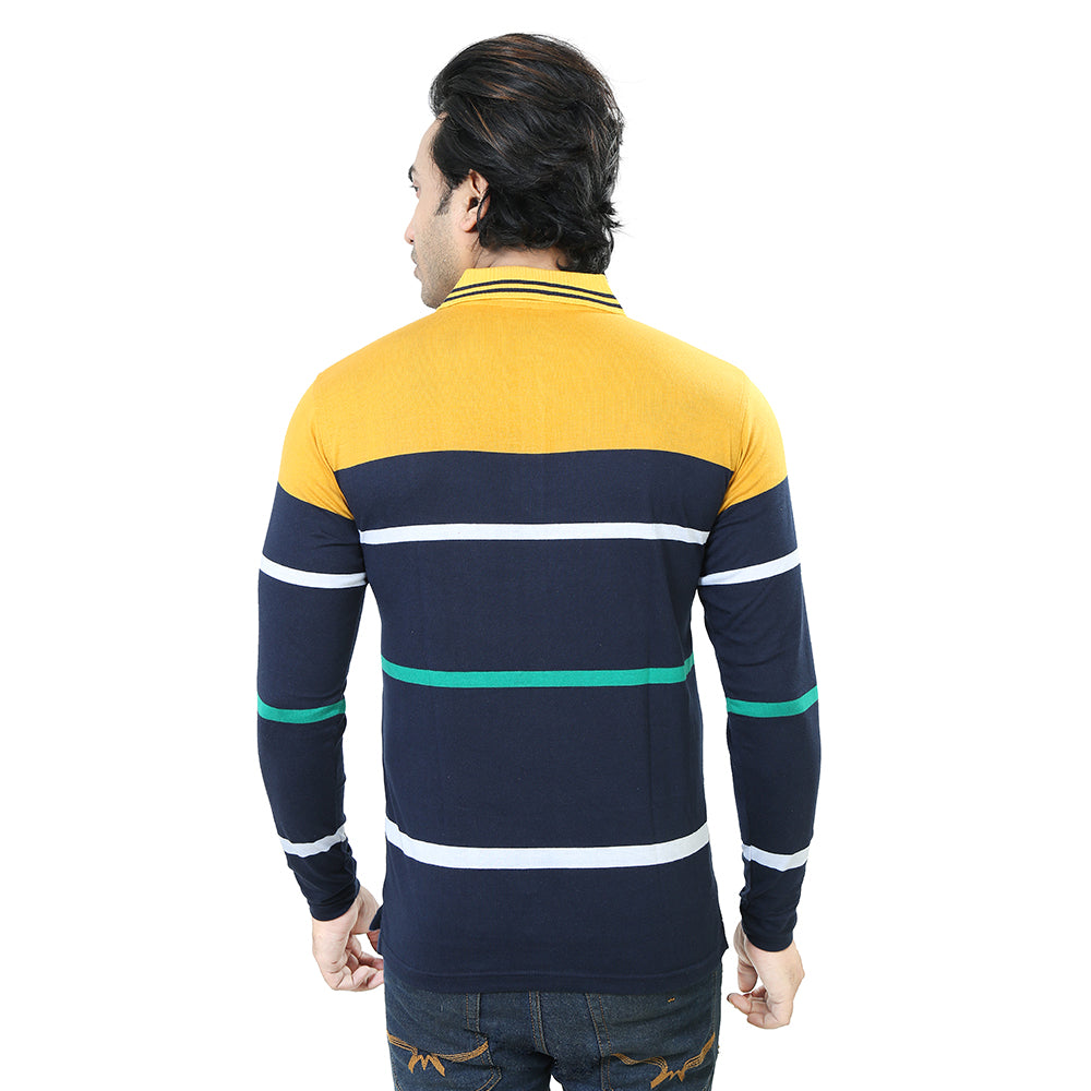 Men's Stripe Polo Full Sleeve T-Shirt Yellow and Navy Blue