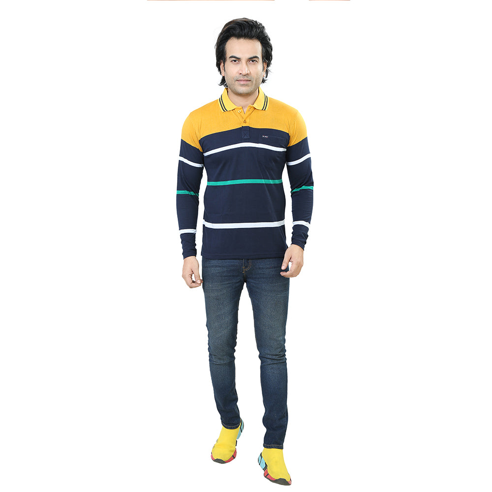 Men's Stripe Polo Full Sleeve T-Shirt Yellow and Navy Blue