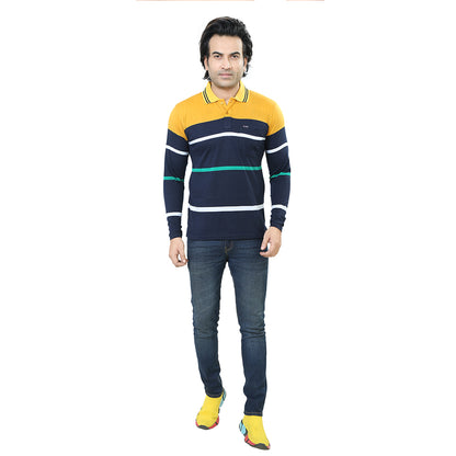 Men's Stripe Polo Full Sleeve T-Shirt Yellow and Navy Blue