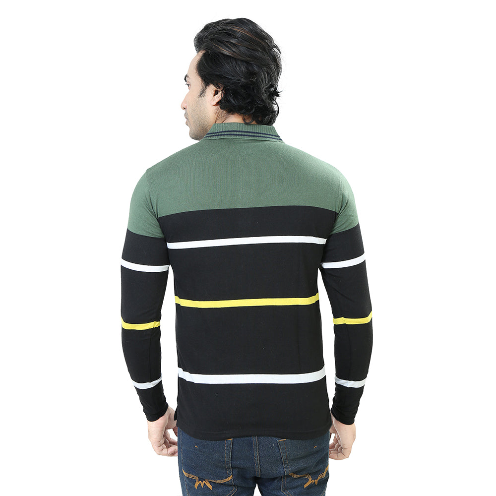 Men's Stripe Polo Full Sleeve T-Shirt Green and Black