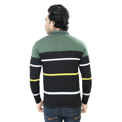 Men's Stripe Polo Full Sleeve T-Shirt Green and Black