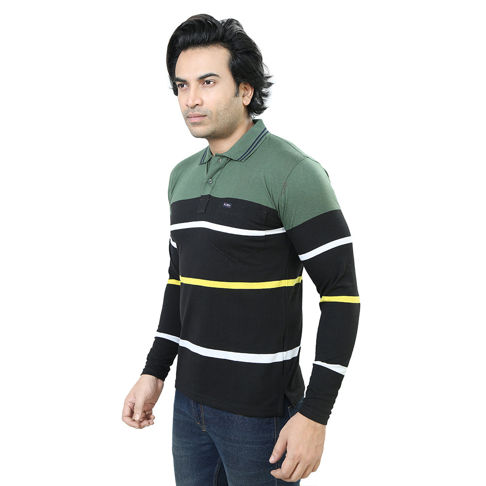 Men's Stripe Polo Full Sleeve T-Shirt Green and Black