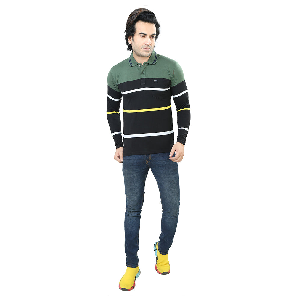 Men's Stripe Polo Full Sleeve T-Shirt Green and Black
