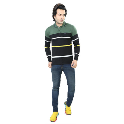Men's Stripe Polo Full Sleeve T-Shirt Green and Black