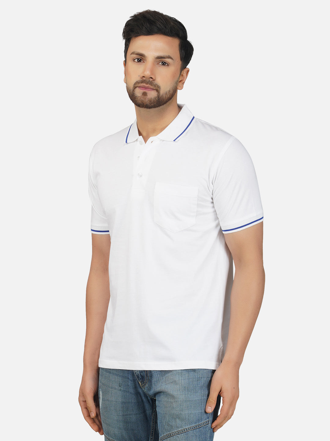 Men's Polo Half Sleeve Design T-Shirt White and Blue