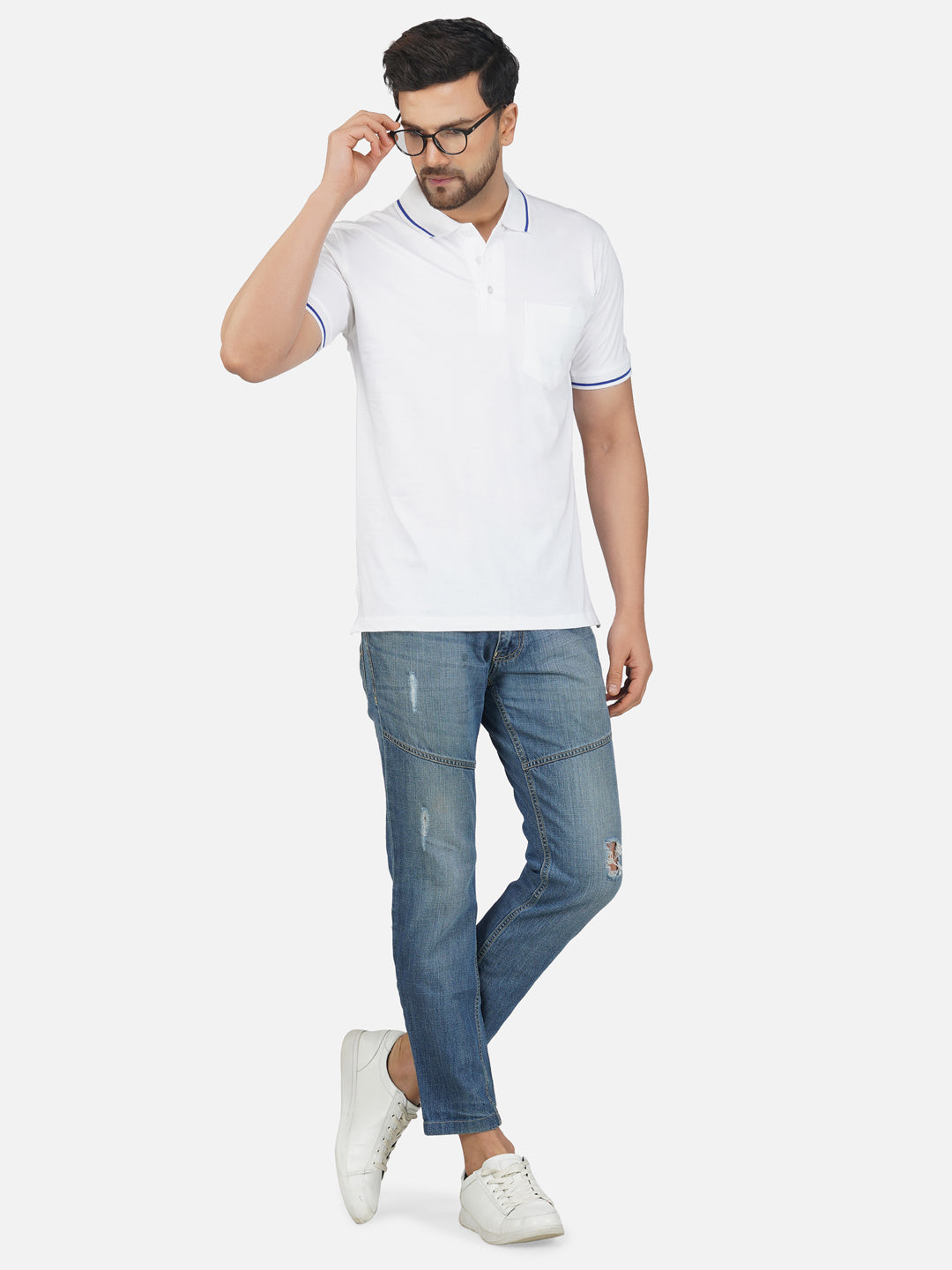 Men's Polo Half Sleeve Design T-Shirt White and Blue