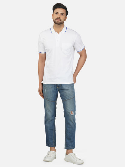Men's Polo Half Sleeve Design T-Shirt White and Blue